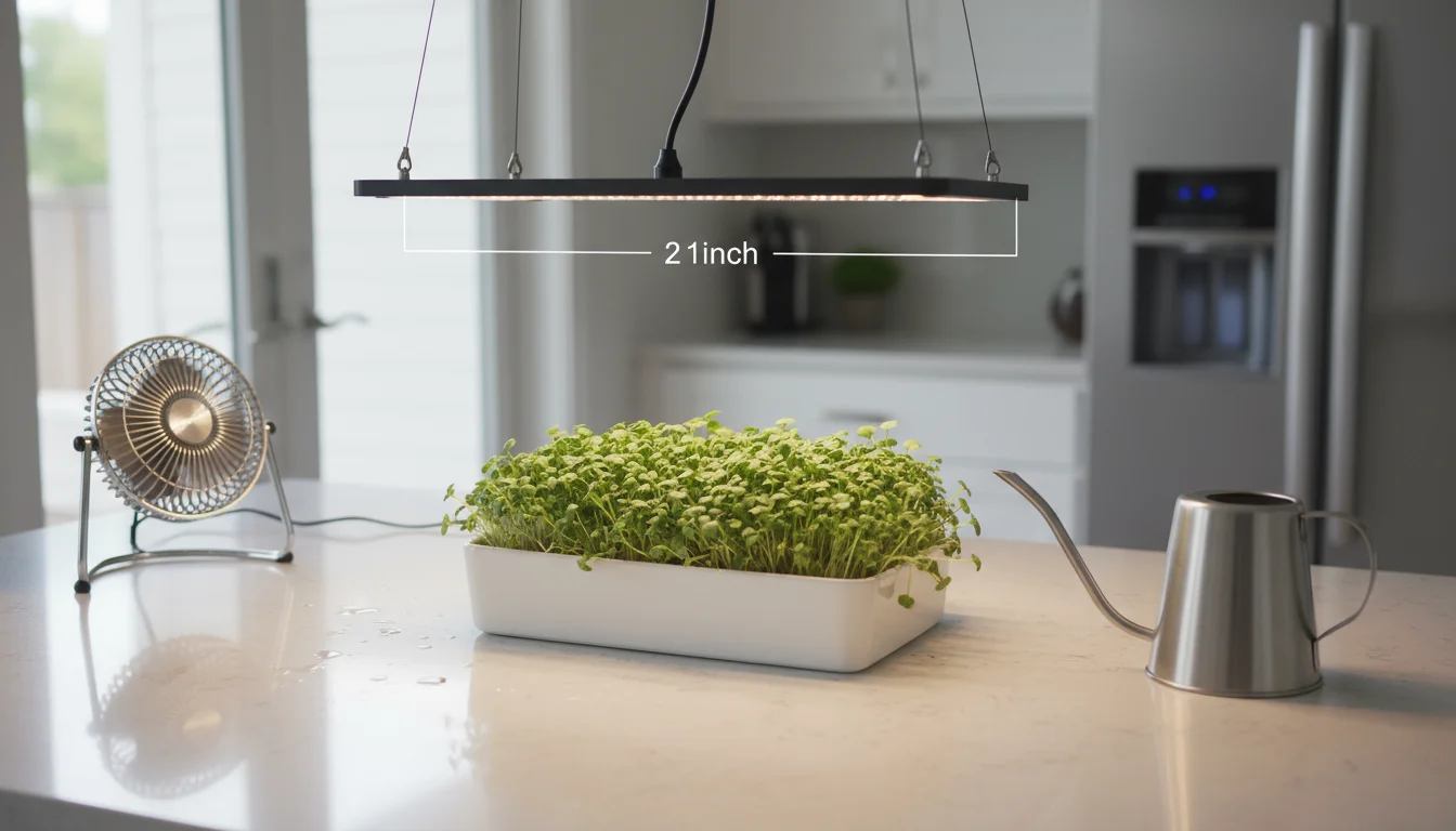 Vibrant green microgreen sprouts under a minimalist LED grow light on a kitchen counter, with a small fan and watering can.