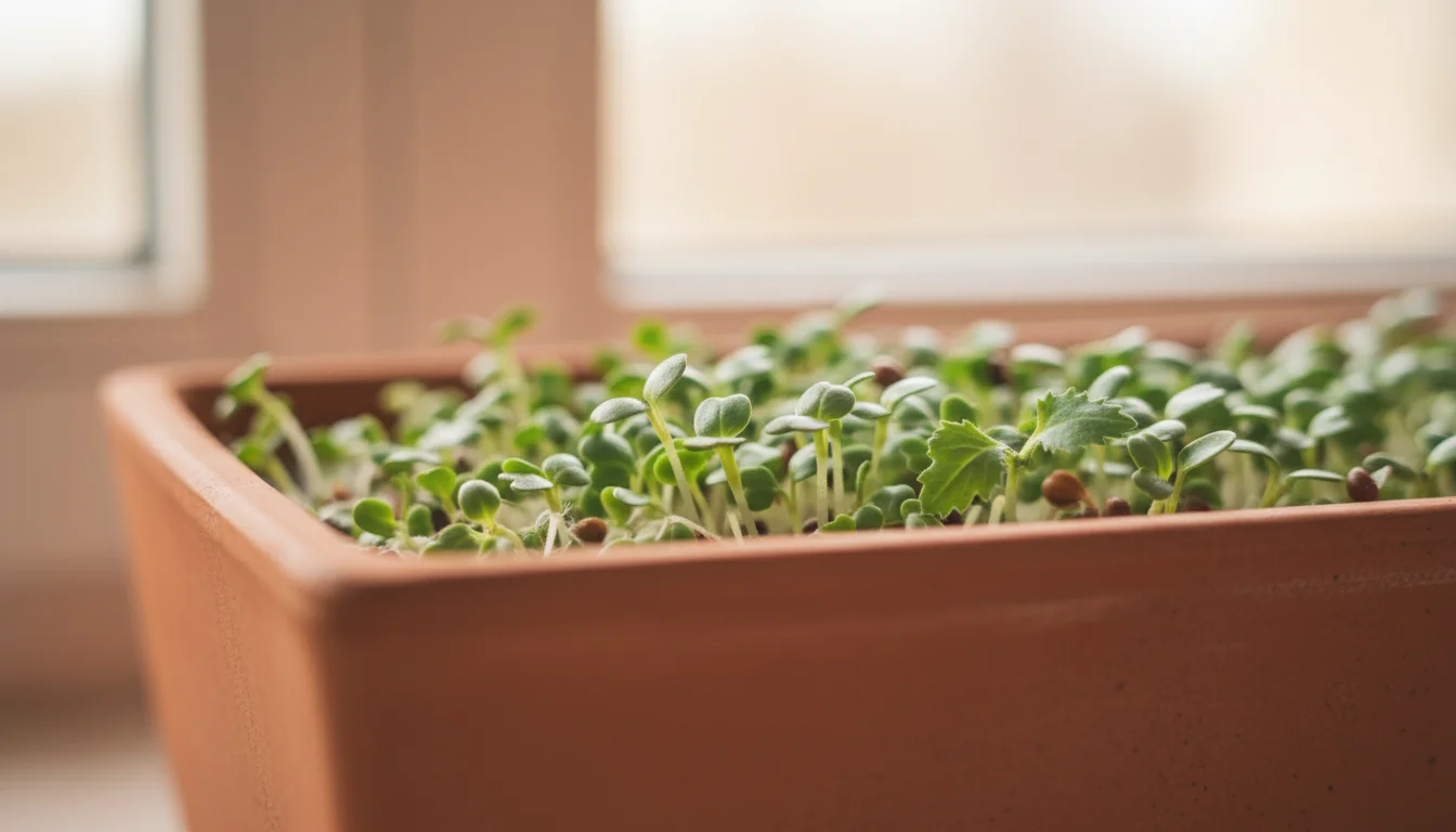 Close-up of vibrant green microgreens in a small, rectangular terracotta pot, showing both cotyledons and emerging true leaves on a sunlit windowsill.