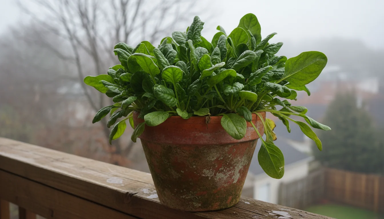 Vibrant green spinach leaves in a terracotta pot on a wooden railing, with subtle dew or frost.