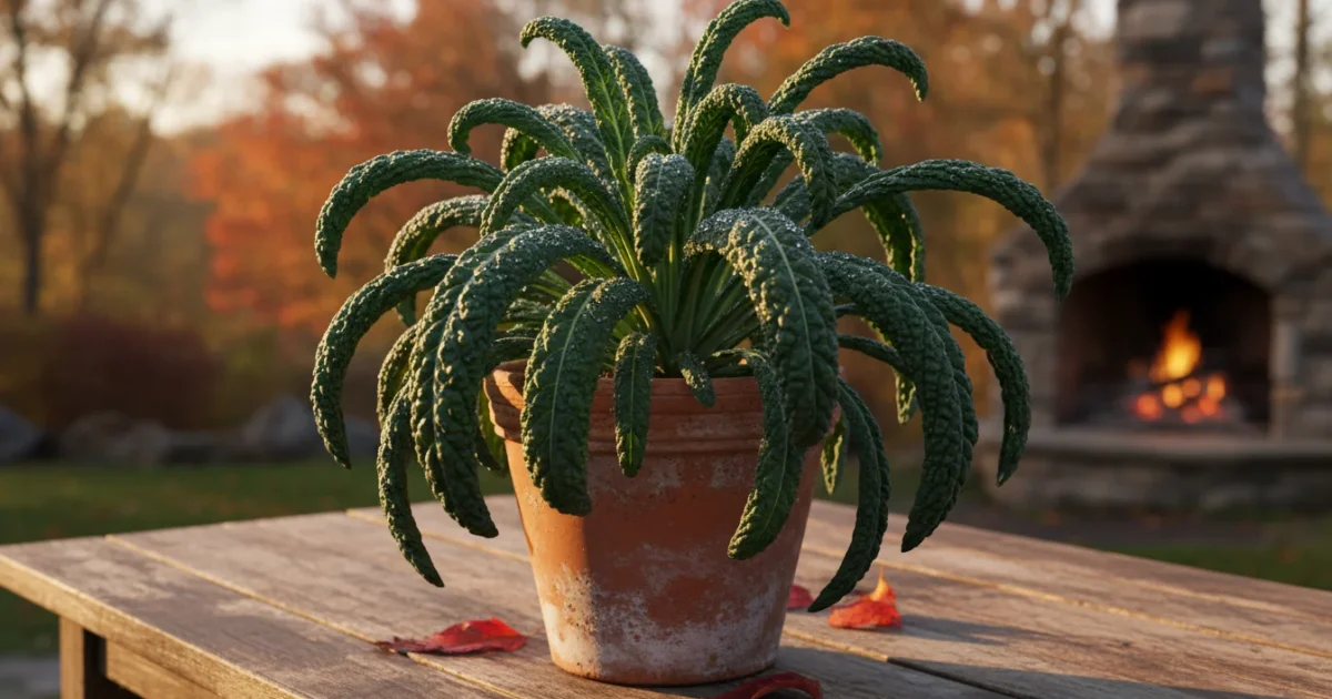 Vibrant Lacinato kale plant in a terracotta pot on a wooden patio table during a cool autumn afternoon.