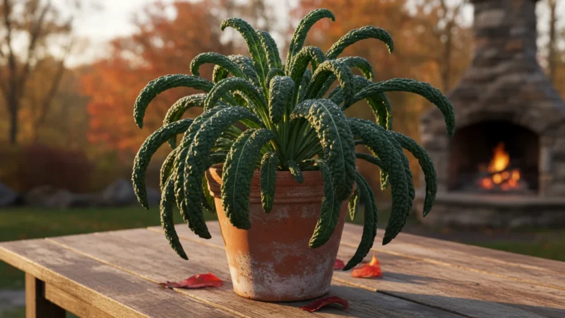 Vibrant Lacinato kale plant in a terracotta pot on a wooden patio table during a cool autumn afternoon.