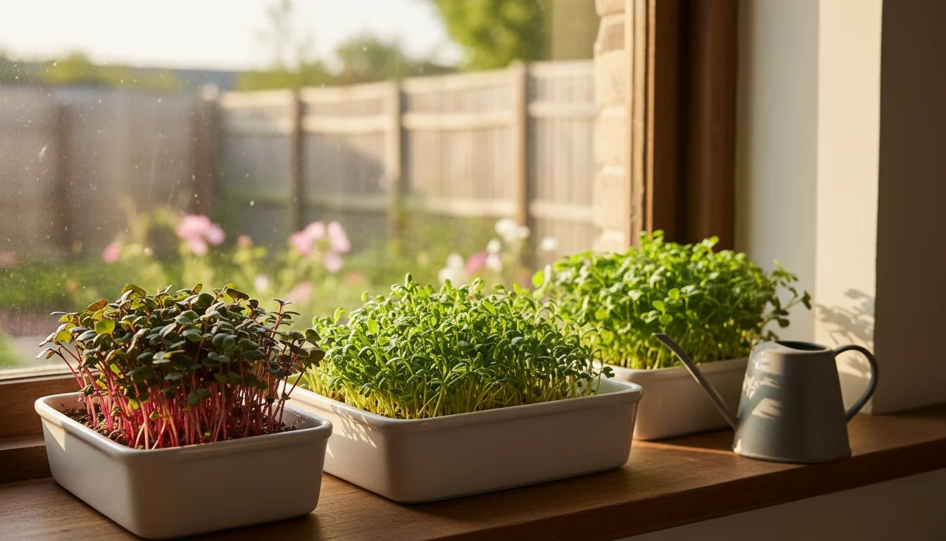 Vibrant microgreens (cress, radish, mustard) grow in shallow trays on a sunny windowsill indoors, with a small watering can nearby.