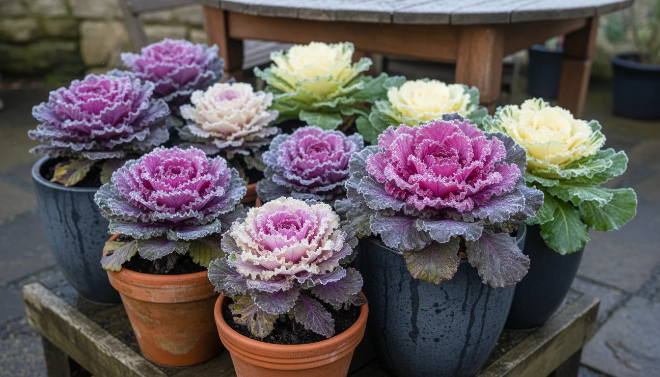 Vibrant ornamental cabbage and kale with frosty leaves thriving in pots on a small patio.
