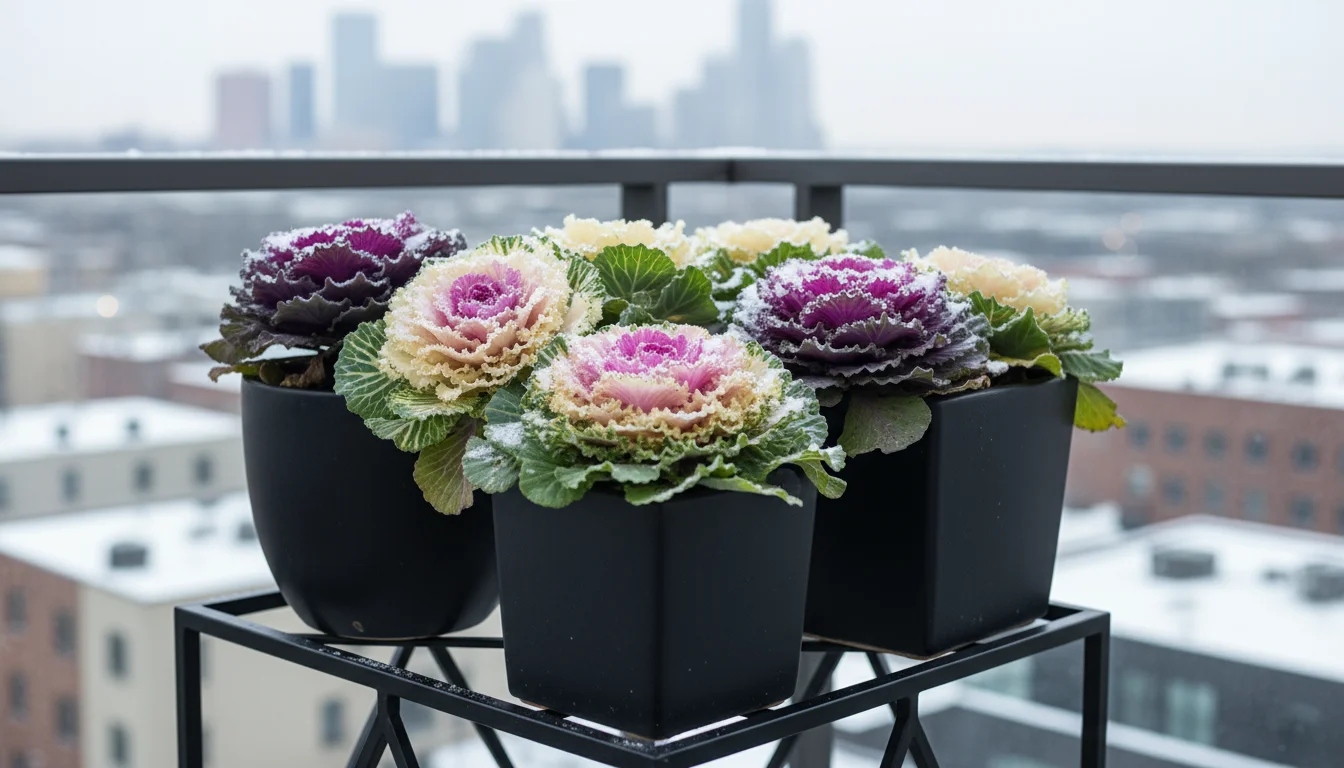 Vibrant ornamental cabbage and kale plants in modern pots on a black metal stand on an urban balcony, lightly dusted with snow.