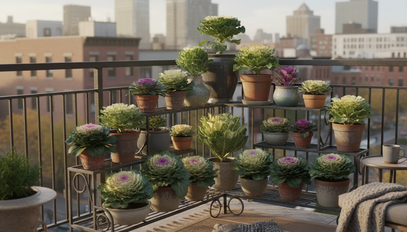 Vibrant ornamental cabbage and kale in terracotta and ceramic pots arranged on a tiered stand on an urban balcony, showcasing a stunning fall display.