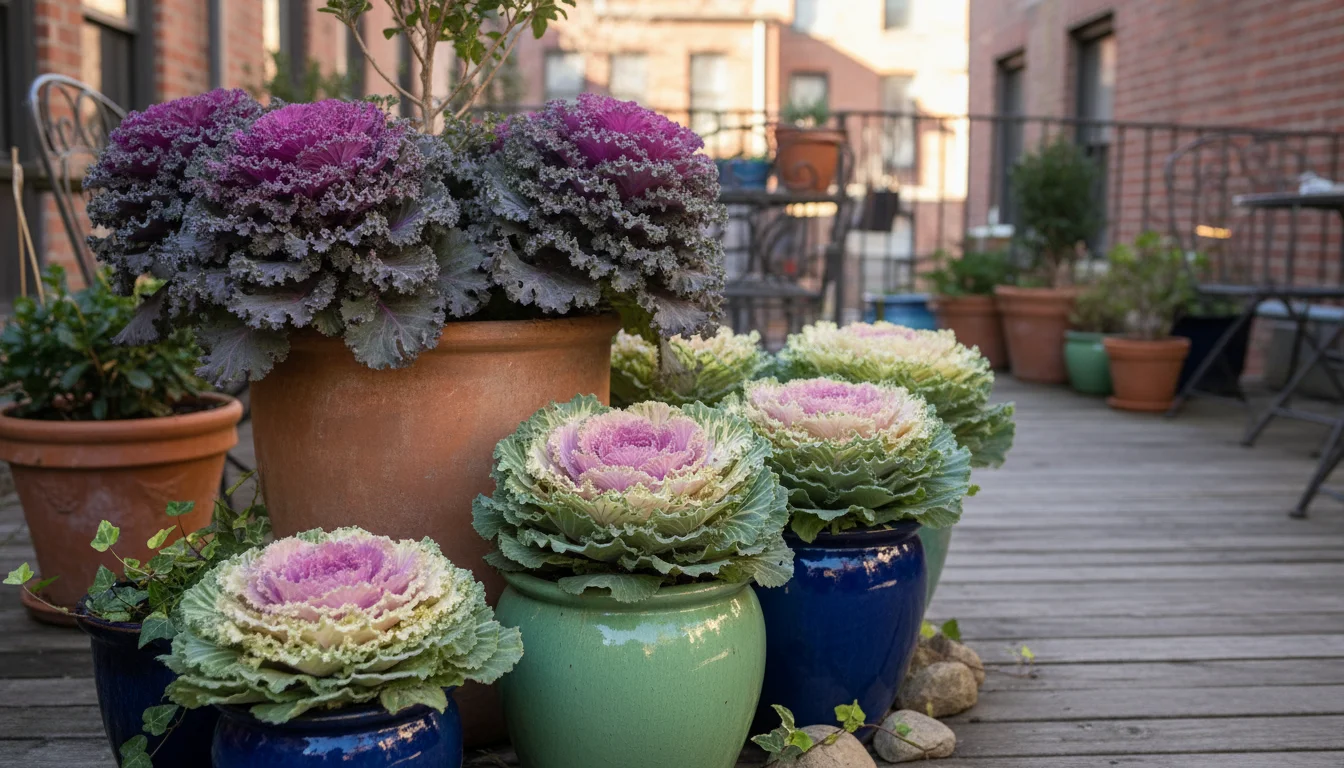 Vibrant ornamental kale and cabbage in various pots on a patio, displaying deep purple, pink, and cream colors.