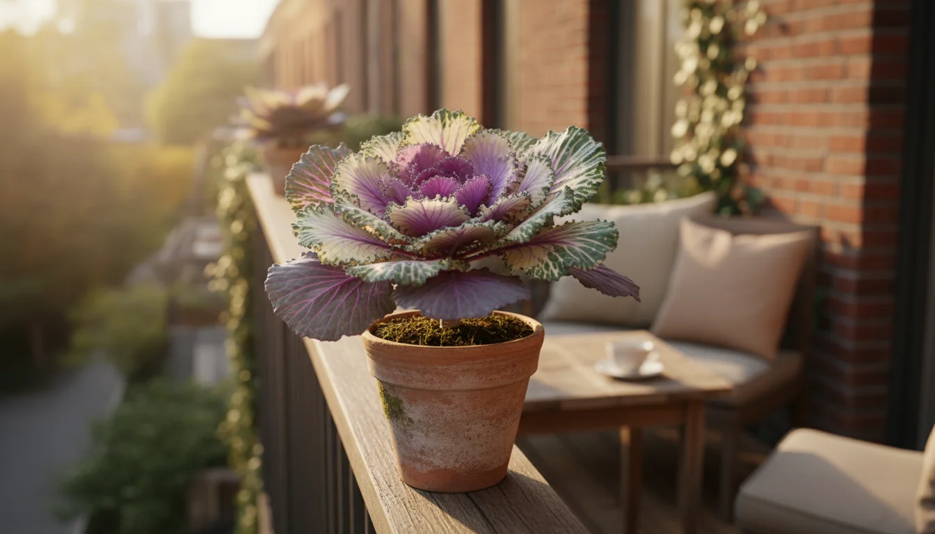 A vibrant ornamental kale plant with ruffled purple and cream leaves in a terracotta pot, resting on a weathered wooden balcony railing.