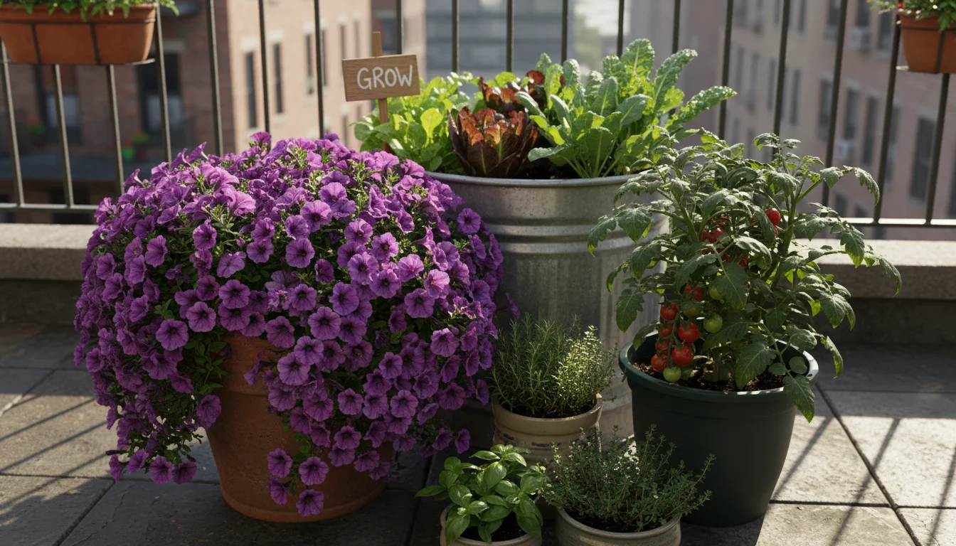 Vibrant purple petunias, a healthy cherry tomato plant, and lush basil thriving in various containers on a sunny patio.