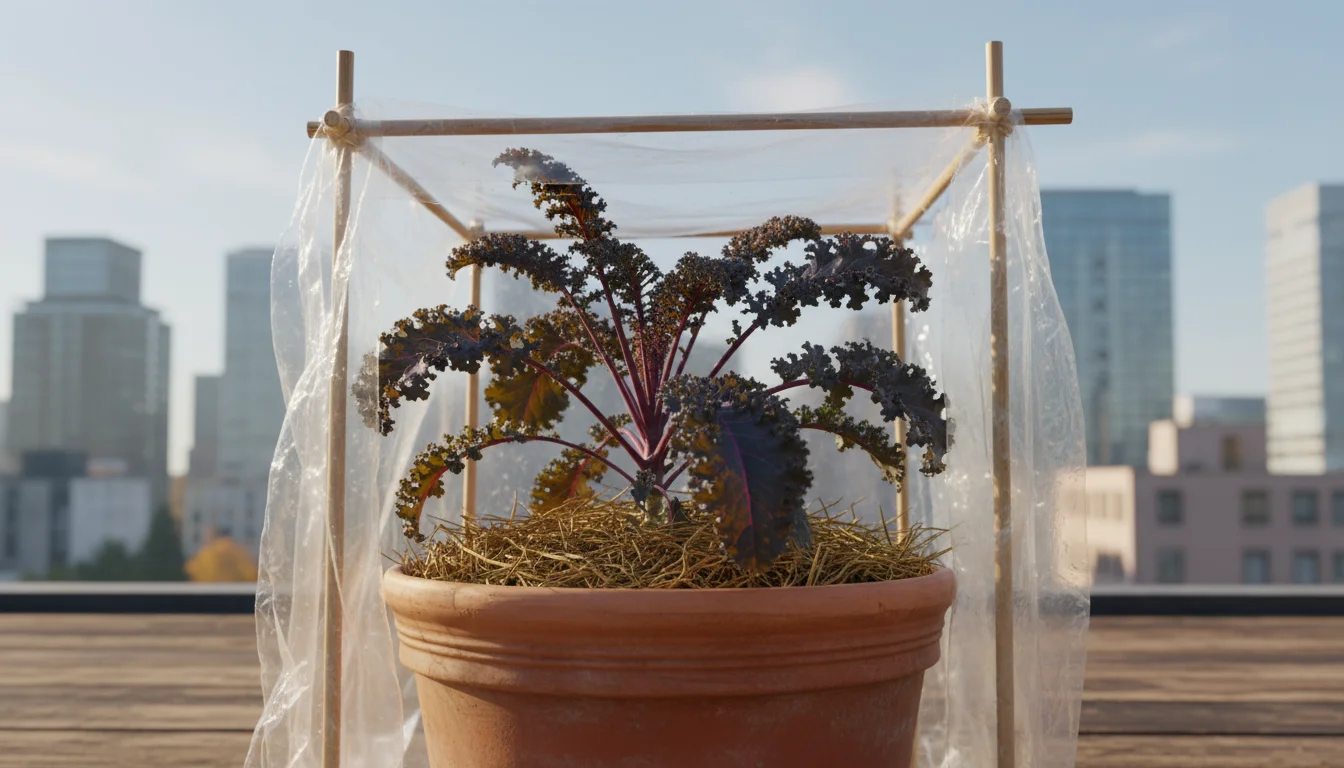 Vibrant 'Red Russian' kale in a large terracotta pot, protected by a clear plastic DIY cold frame on an urban patio with straw mulch.