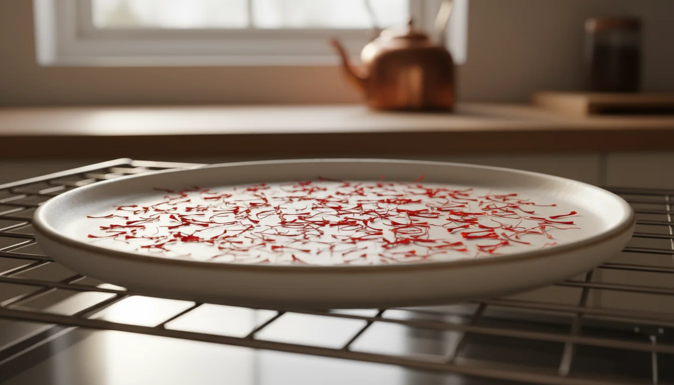 Vibrant red saffron threads drying in a single layer on a small ceramic dish inside an oven with its door slightly ajar.