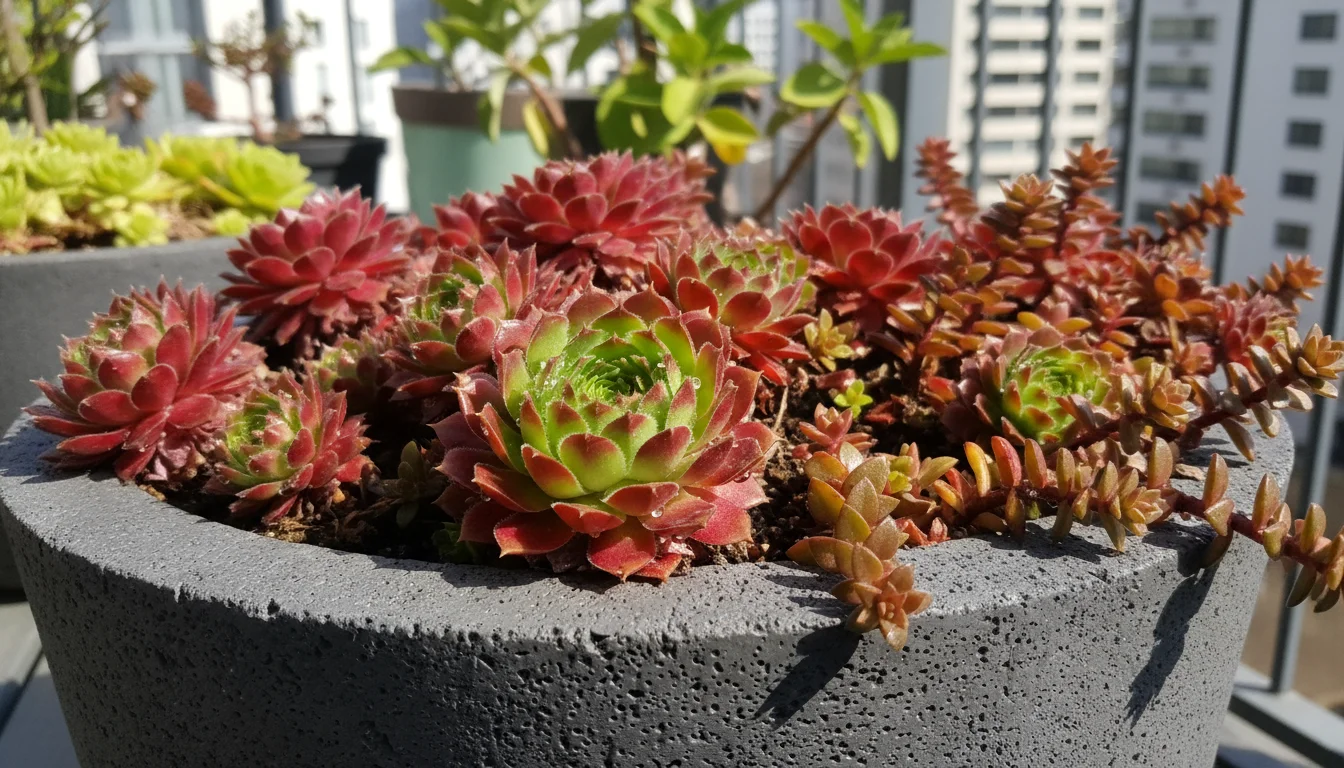 Close-up of vibrant Sempervivum and Sedum succulents in a modern concrete planter, showing new spring growth with glistening water droplets.