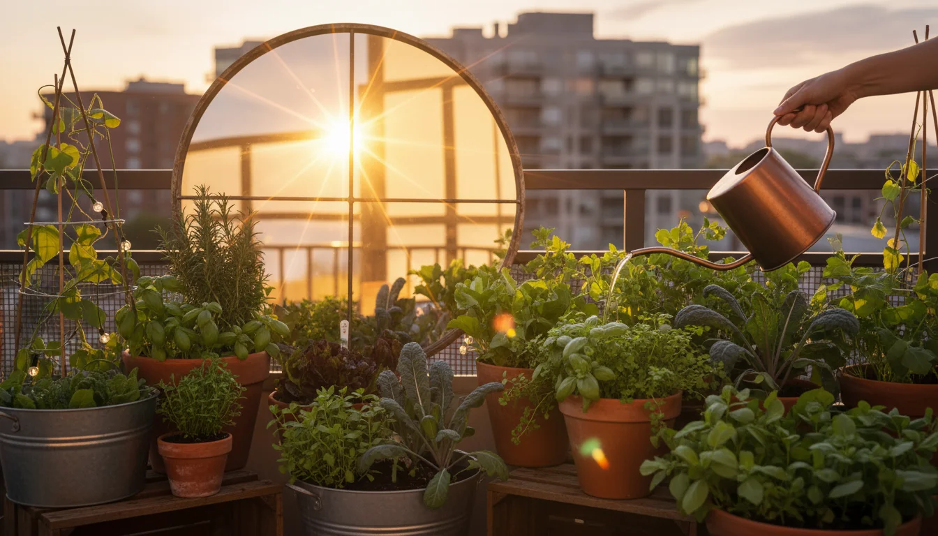 A vibrant urban balcony garden with healthy container plants, a large mirror reflecting sunlight, and a hand watering a pot.