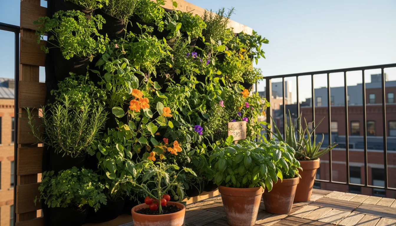 Vibrant vertical garden panel on a sunny urban balcony, with herbs and edible flowers spilling out, and healthy potted plants below. A hand reaches fo