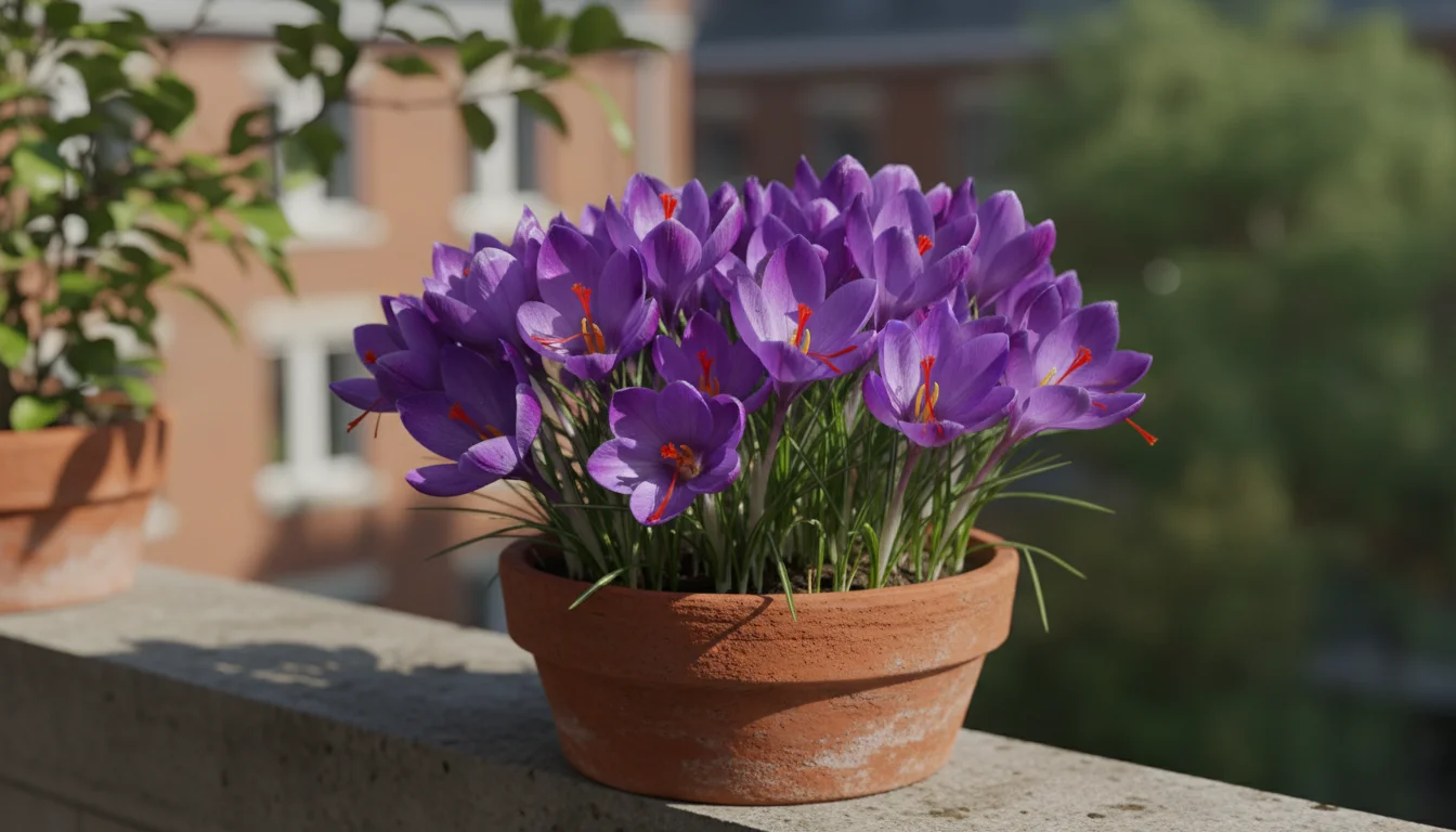 Vibrant violet saffron crocus flowers blooming in a terracotta pot on an urban balcony railing, surrounded by slender green leaves.