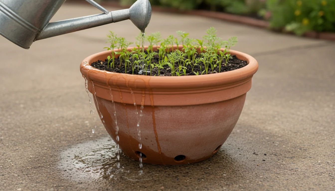 Water draining from the bottom of a large terracotta pot holding young carrot plants onto a concrete patio, during watering.