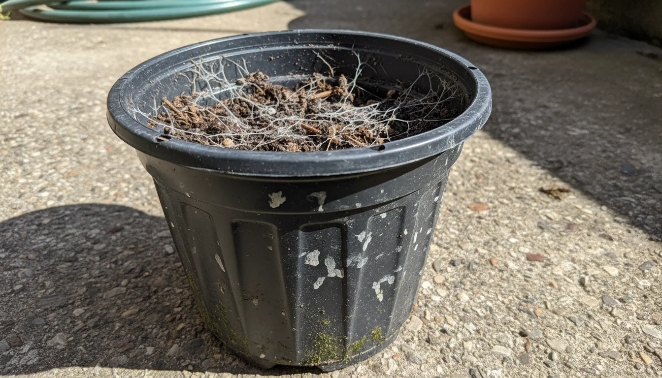 Weathered black plastic nursery pot on a concrete patio, filled with spent soil showing subtle dried fungal growth and dead plant stems.