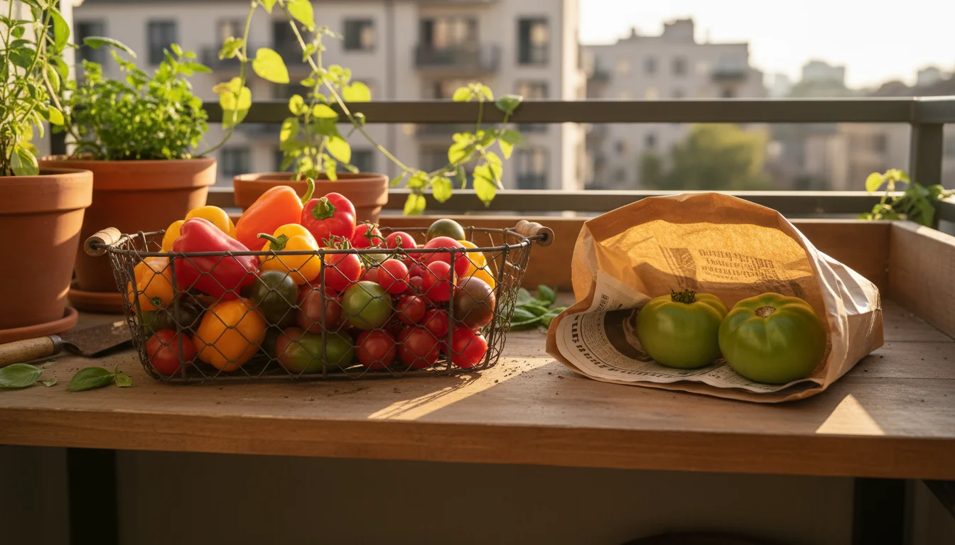 A weathered potting bench holds a mesh basket with peppers and tomatoes, and a paper bag with green tomatoes on a balcony.