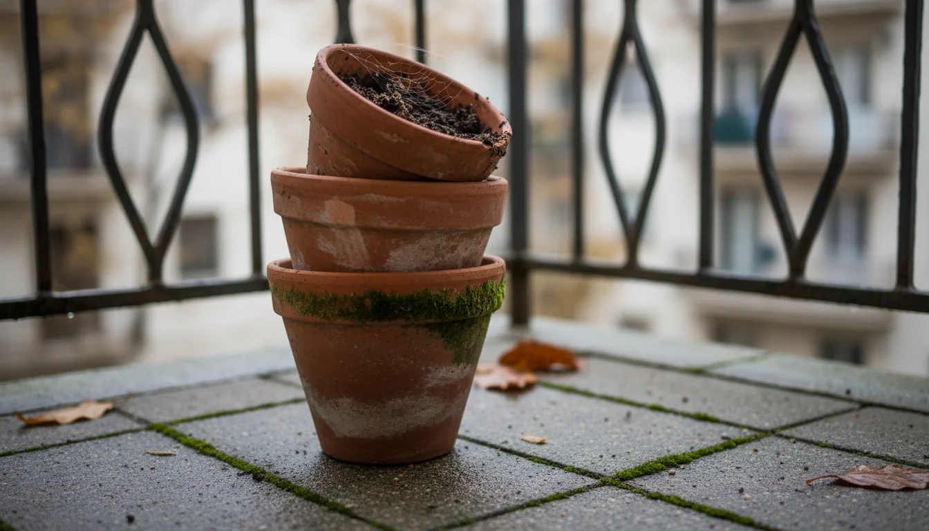 Weathered terracotta pots, still dirty with old soil remnants and a subtle spiderweb, stacked in a damp, shaded corner of a small balcony.
