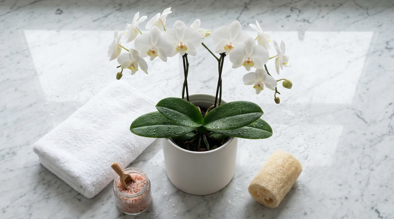 White orchid plant on marble bathroom counter flat lay with spa accessories