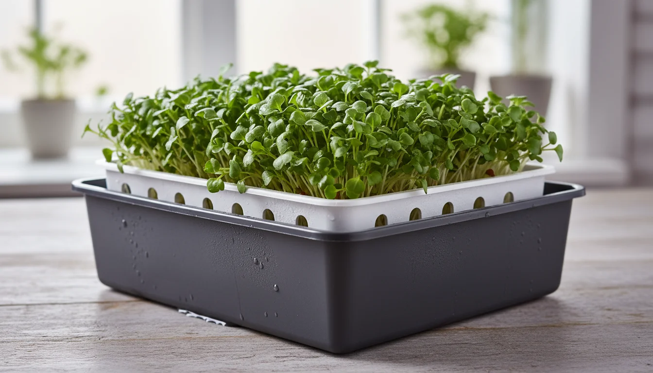 A white tray of bright green microgreens sits in a larger gray tray with a shallow water layer for bottom watering.