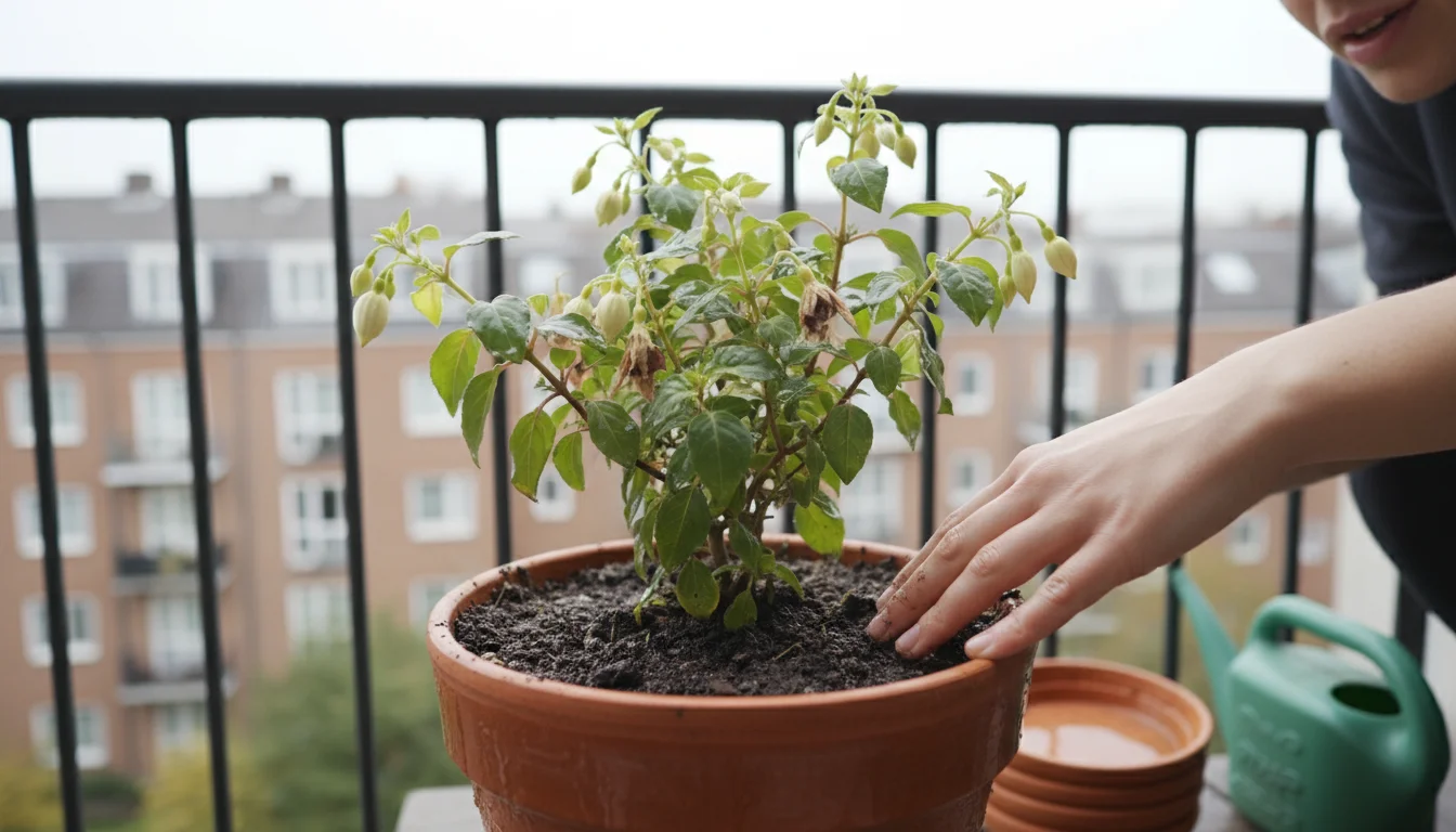 A close-up of a wilting fuchsia plant in a terracotta pot with dark, saturated soil. A hand gently probes the damp soil.