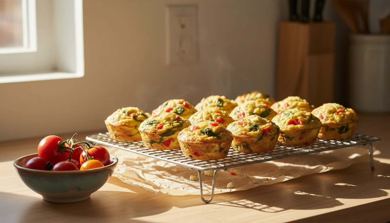Wire cooling rack with golden-brown mini vegetable frittata muffins on a sunlit kitchen counter, blurred late-season vegetables in a bowl.