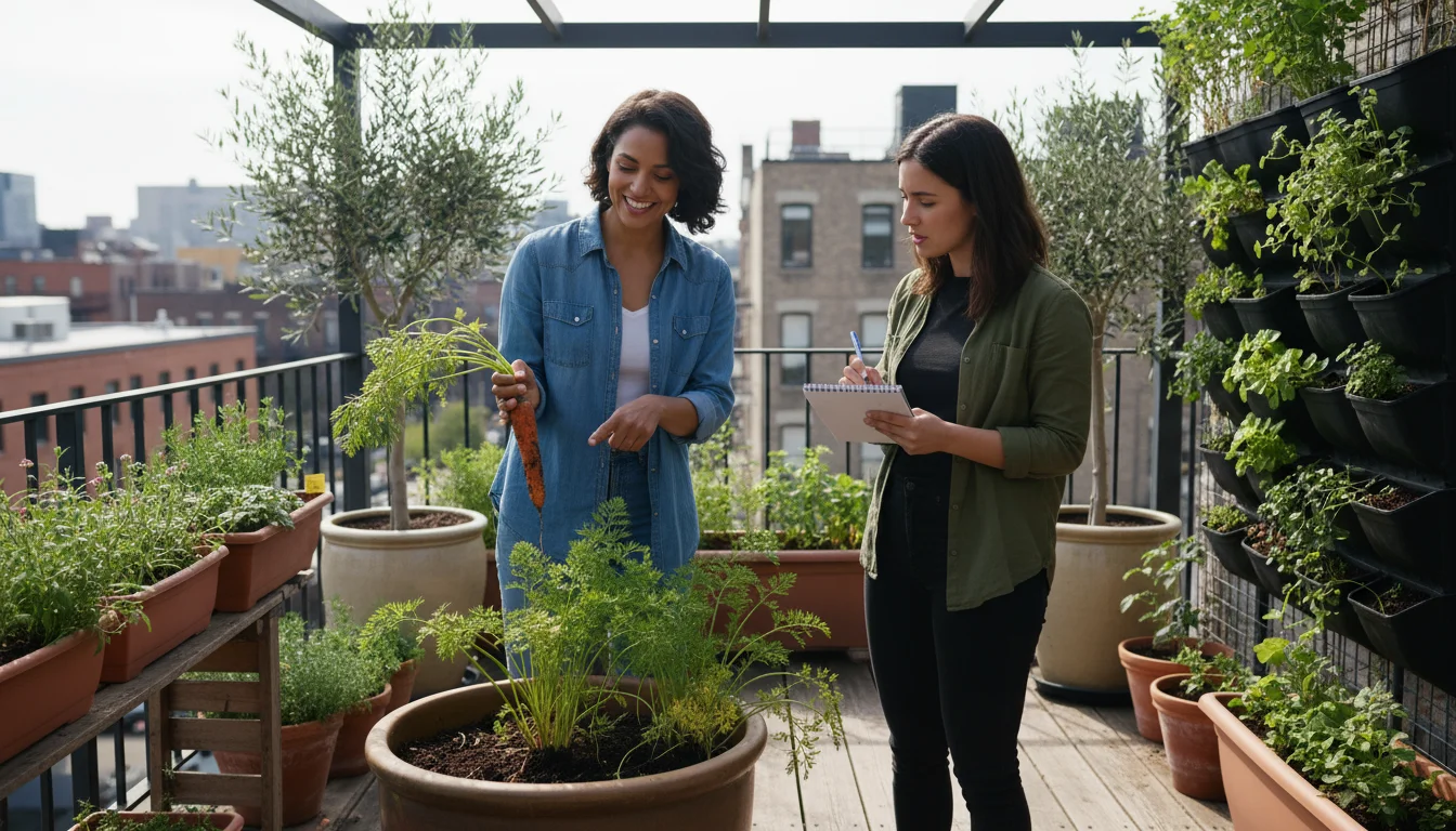 A woman on a balcony holds a fresh carrot, pointing to a pot, while a friend takes notes.