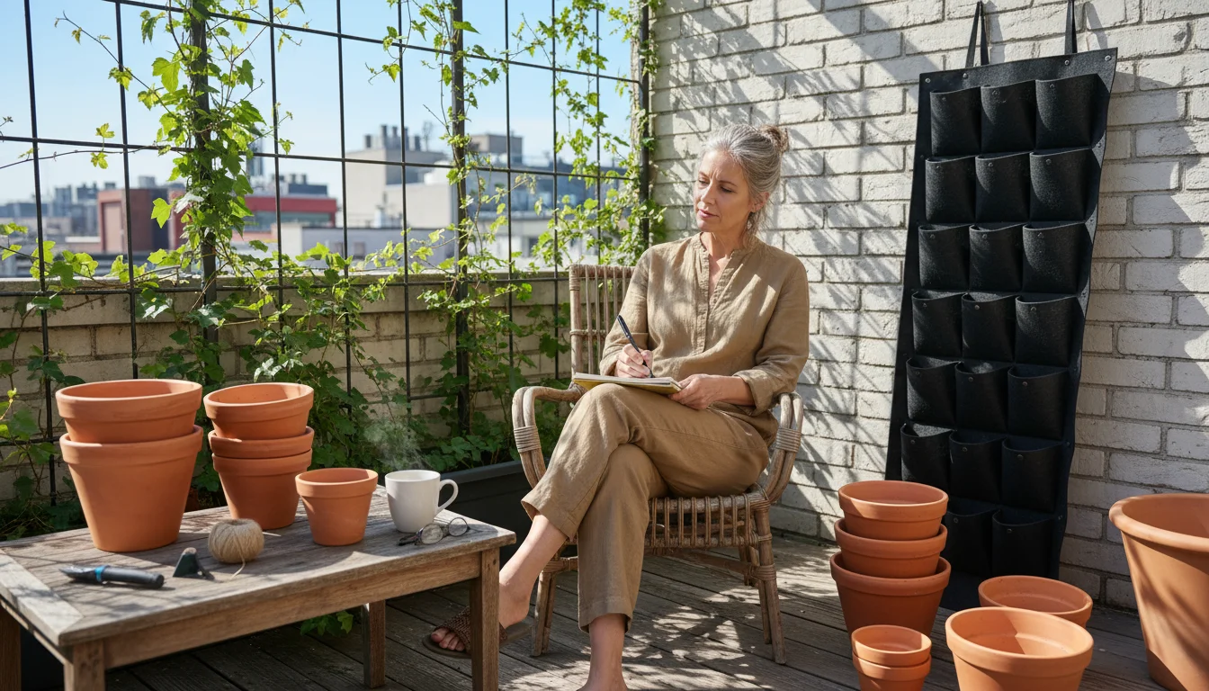 A woman on a balcony, notebook in lap, surrounded by empty terracotta pots and a bag of soil amendment, planning her garden.