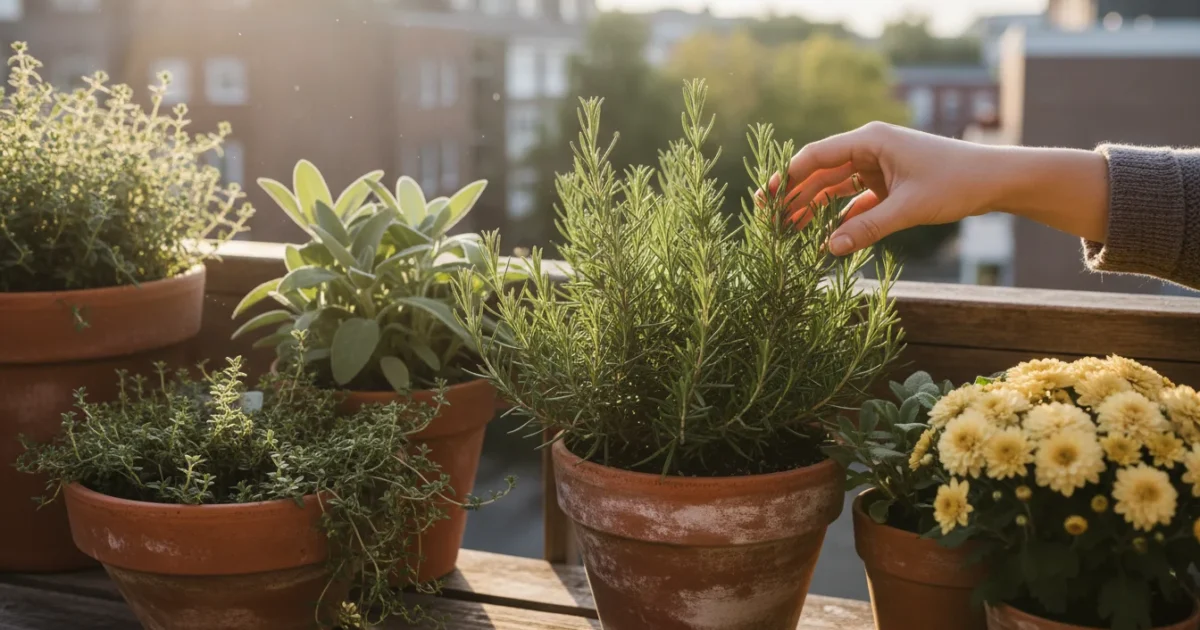 A woman's hand gently brushes fragrant rosemary leaves in a terracotta pot on a balcony container garden, surrounded by other fall herbs.