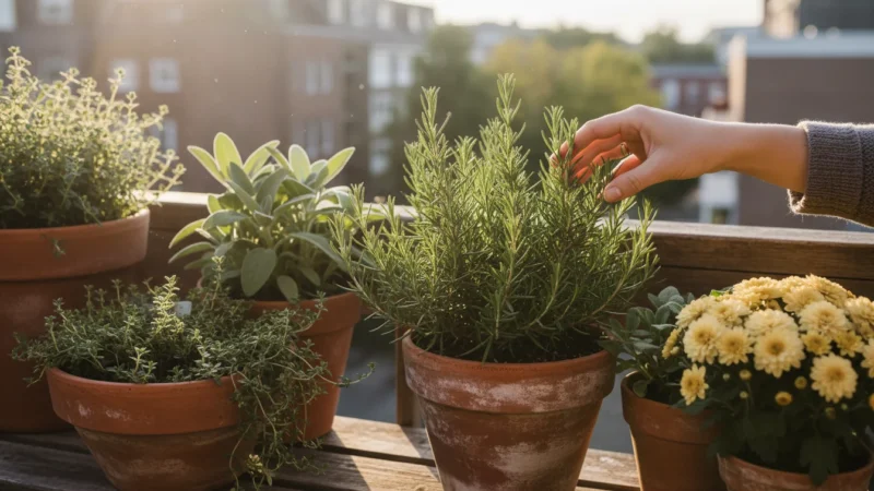 A woman's hand gently brushes fragrant rosemary leaves in a terracotta pot on a balcony container garden, surrounded by other fall herbs.
