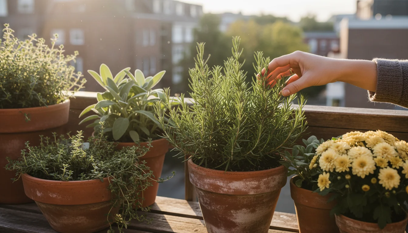 A woman's hand gently brushes fragrant rosemary leaves in a terracotta pot on a balcony container garden, surrounded by other fall herbs.