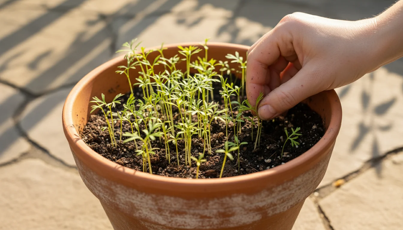 A woman's hand gently thins carrot seedlings in a deep terracotta pot on a sun-dappled patio.