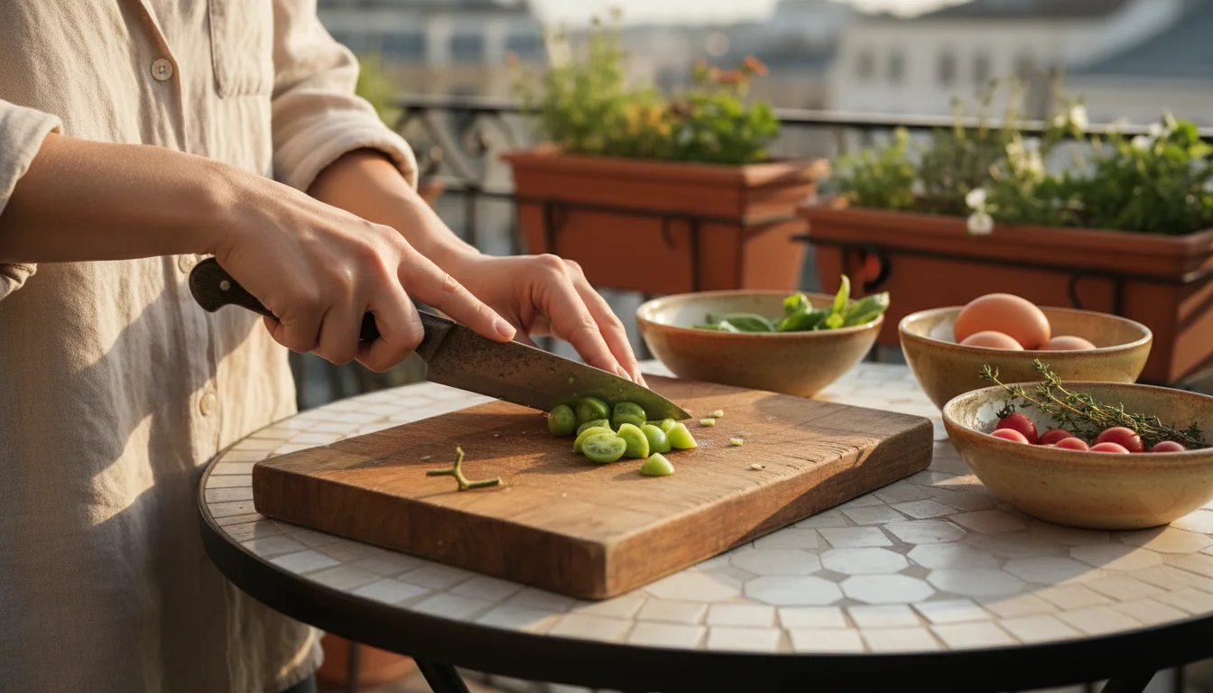 Woman's hands chopping green tomatoes on a small wooden cutting board on a sunlit balcony bistro table with other fresh ingredients.