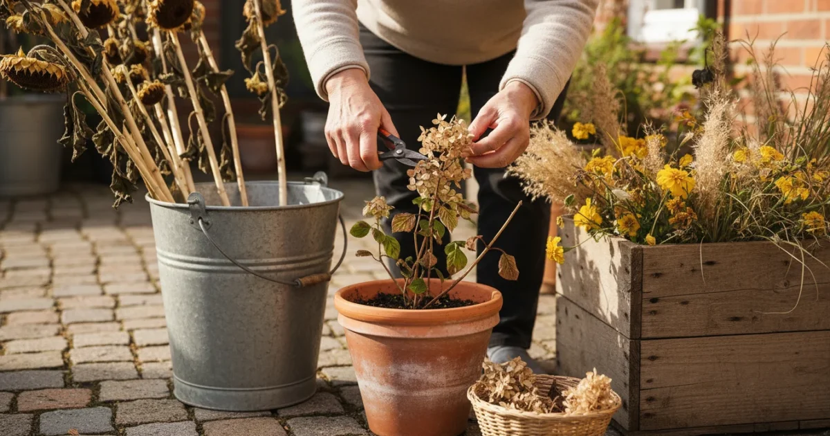 A woman's hands gathering dried hydrangeas, sunflower stalks, marigolds, and colorful leaves from various potted plants on a small patio.