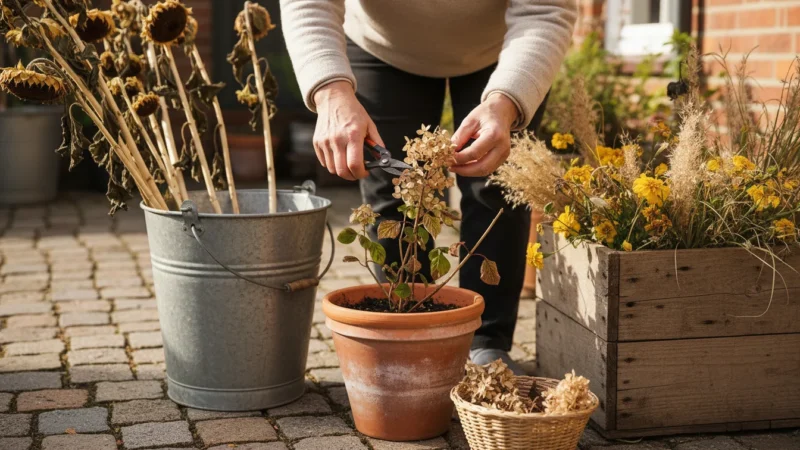 A woman's hands gathering dried hydrangeas, sunflower stalks, marigolds, and colorful leaves from various potted plants on a small patio.