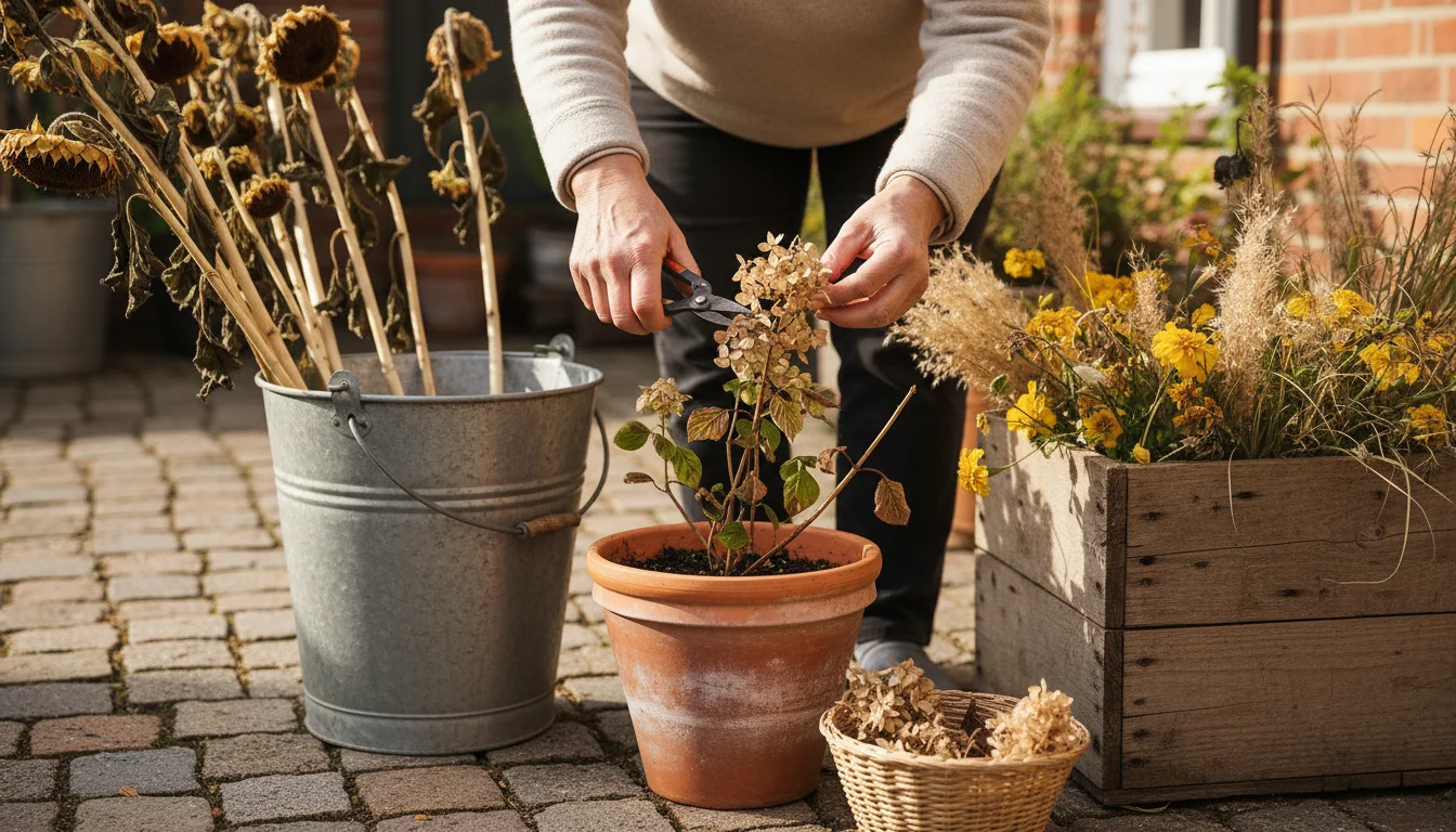 A woman's hands gathering dried hydrangeas, sunflower stalks, marigolds, and colorful leaves from various potted plants on a small patio.