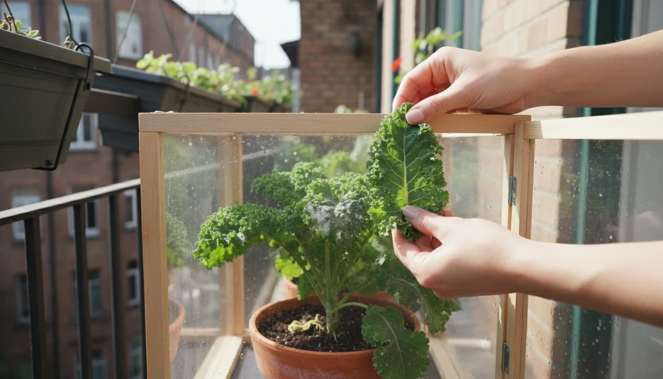 Woman's hands gently turn a vibrant kale leaf inside a cold frame, revealing small, early signs of powdery mildew.