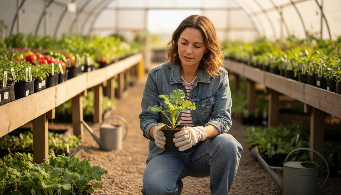 Woman inspecting a healthy, vibrant green kale seedling in a small pot at a garden center.