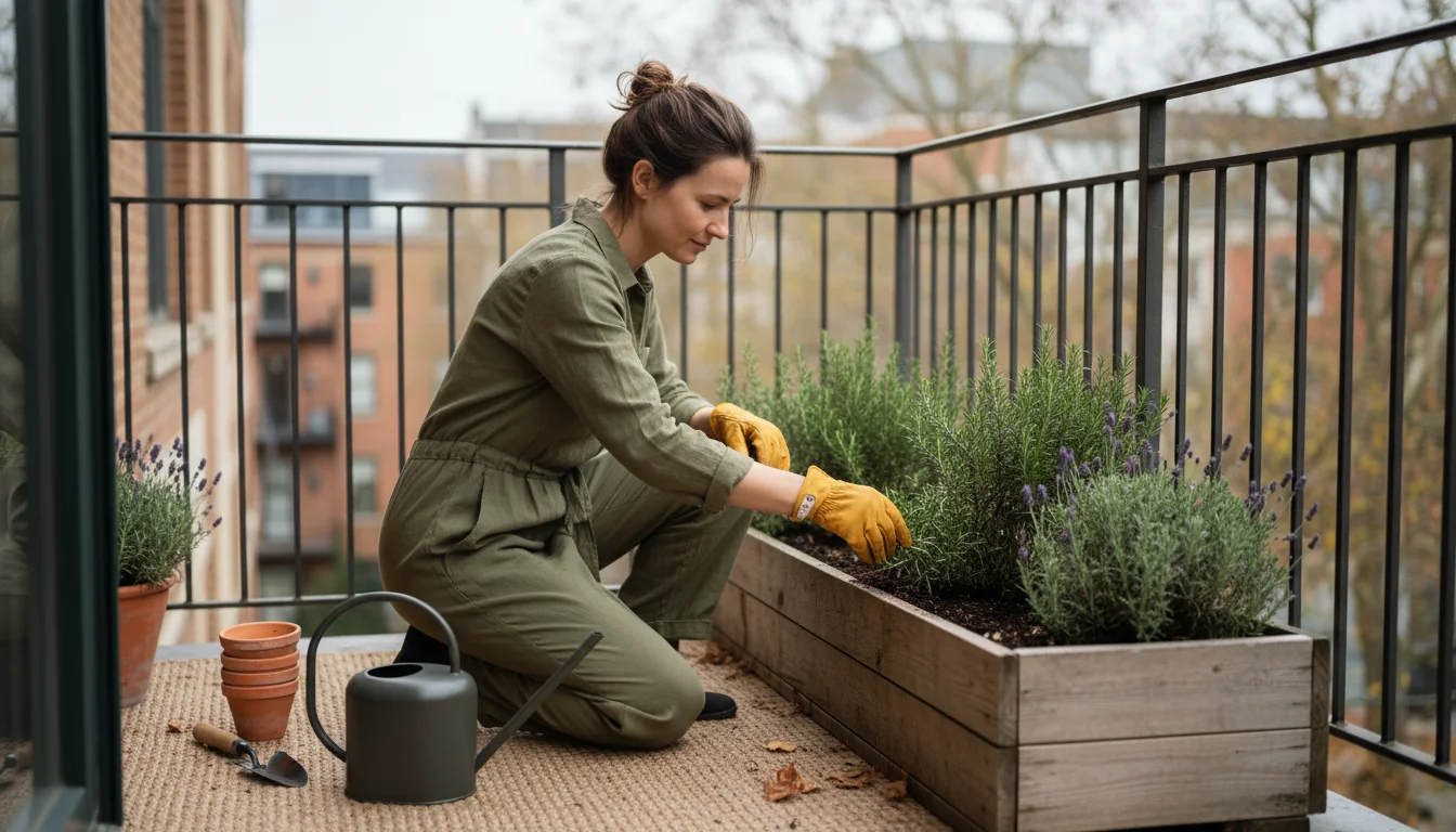 A woman kneels on an urban balcony, gently checking the soil moisture of a rosemary plant in a wooden planter box during fall.