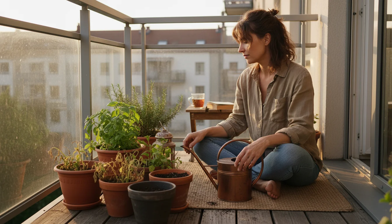 Woman sitting on a balcony, thoughtfully observing her mixed container garden with spent plants and a watering can.
