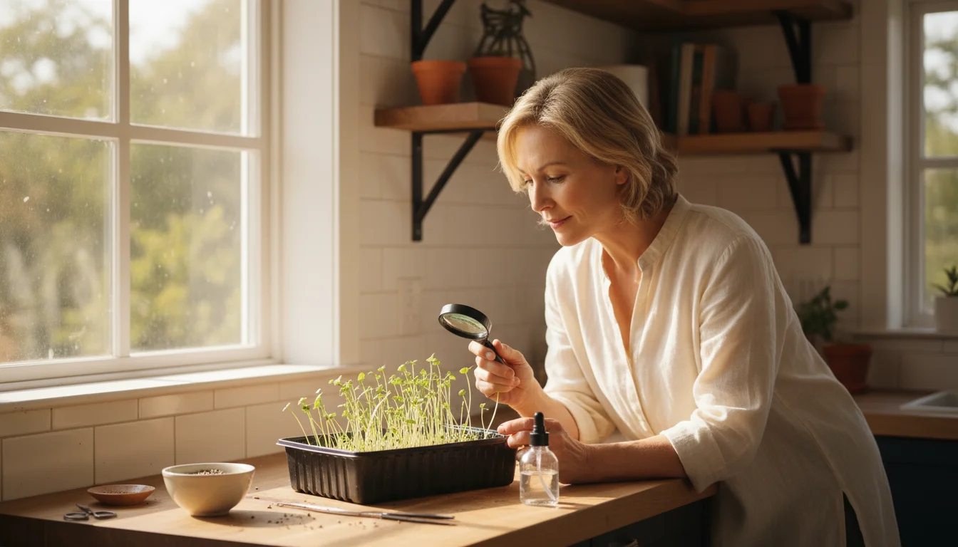 Woman in a sunlit kitchen examining a tray of leggy microgreens with a lowered LED light, healthy trays on a shelf in the background.