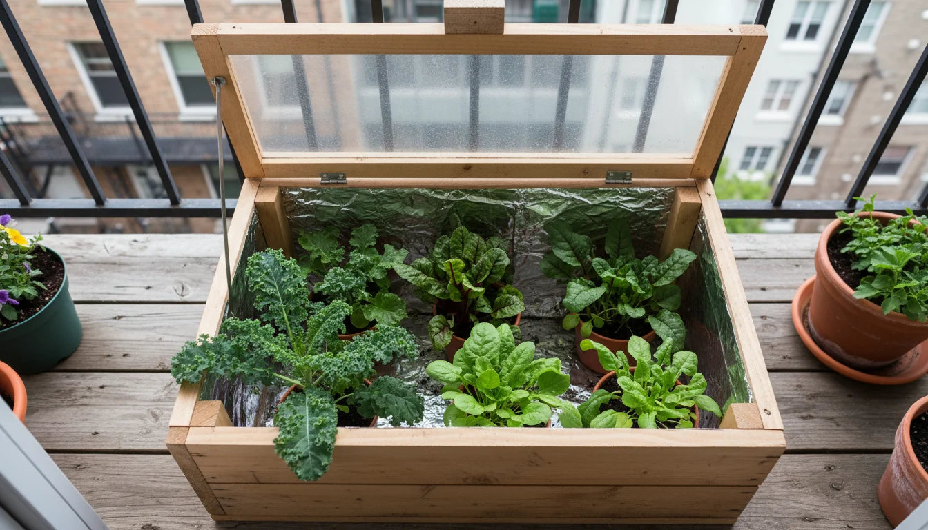 Overhead view of a wooden cold frame on a balcony, showing healthy greens and an interior wall lined with reflective foil.