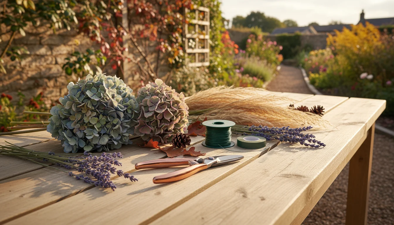 Overhead view of a wooden table with floral snips, green wire, floral tape, and dried flowers for fall crafts.