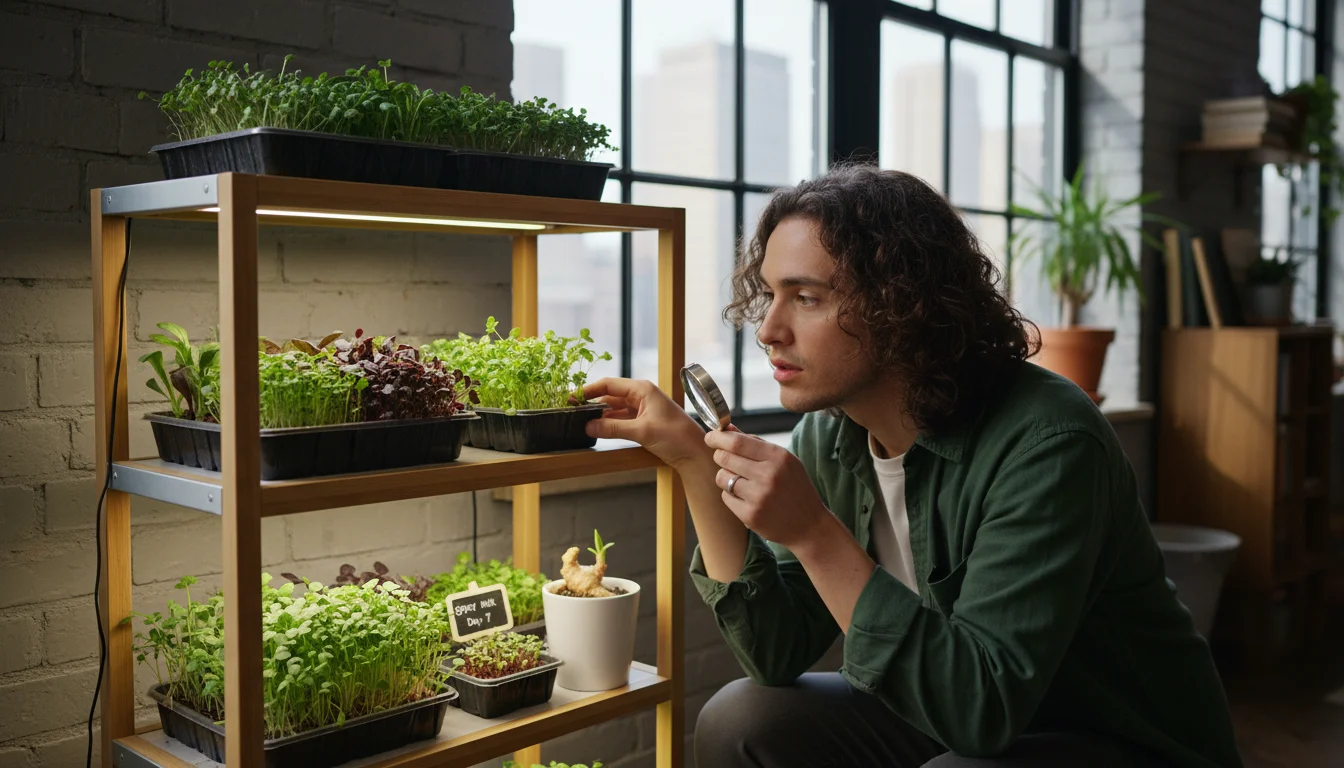 Young adult thoughtfully observing vibrant microgreen trays on a multi-tiered shelf under a grow light in an urban apartment.