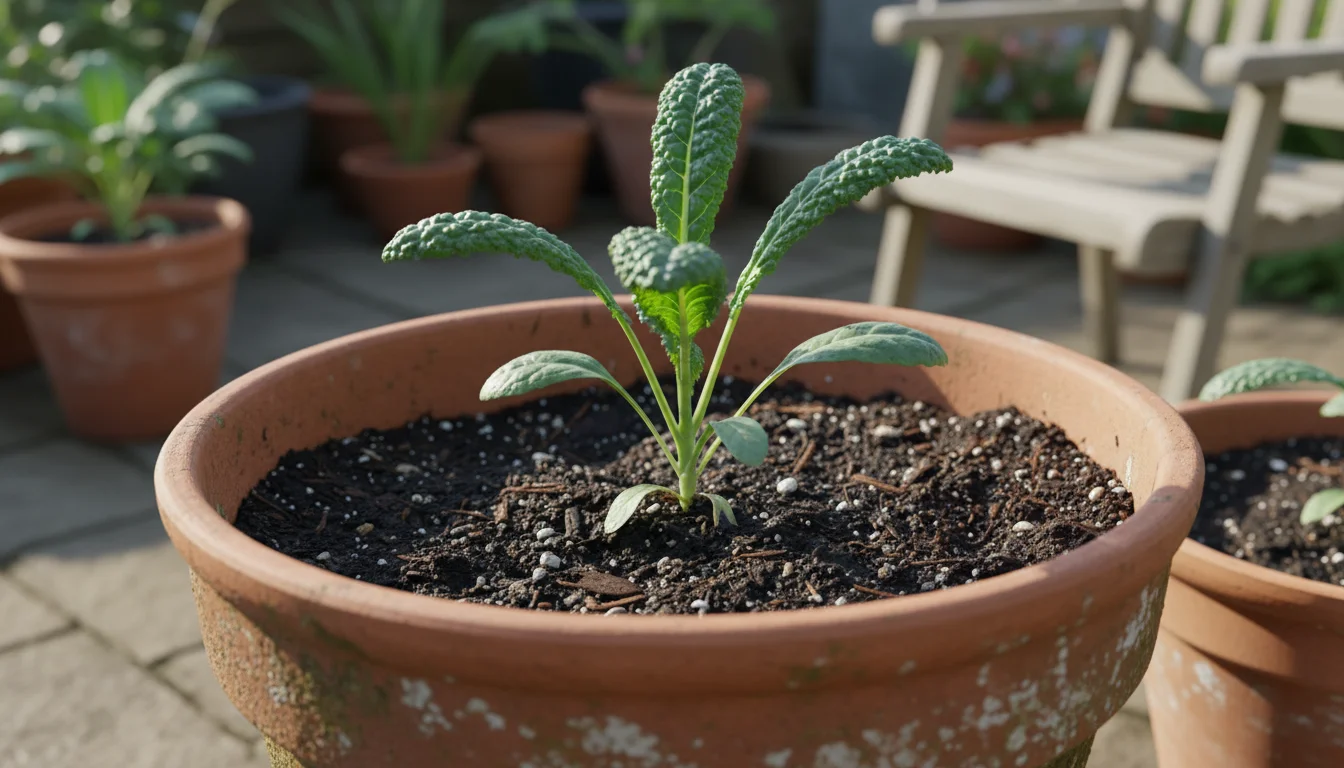 A young, healthy Lacinato kale plant thriving in a large, weathered terracotta pot on a sunny urban balcony.