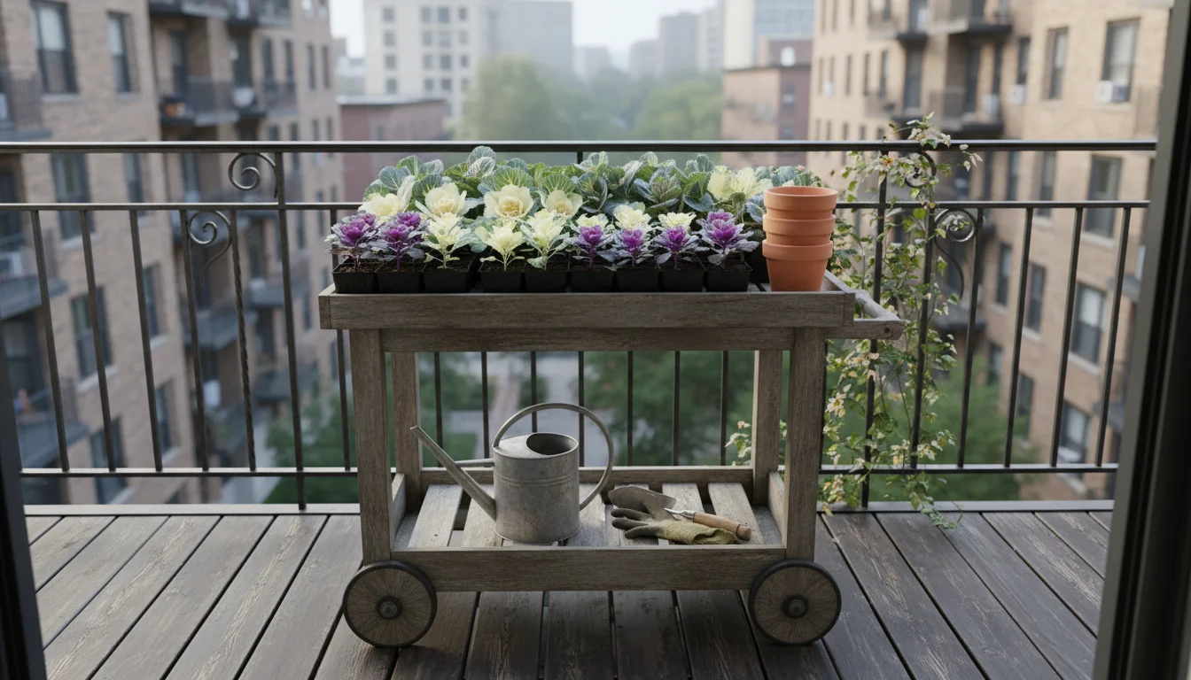 Young ornamental cabbage and kale seedlings in nursery trays on a patio cart, next to empty pots and gardening tools.