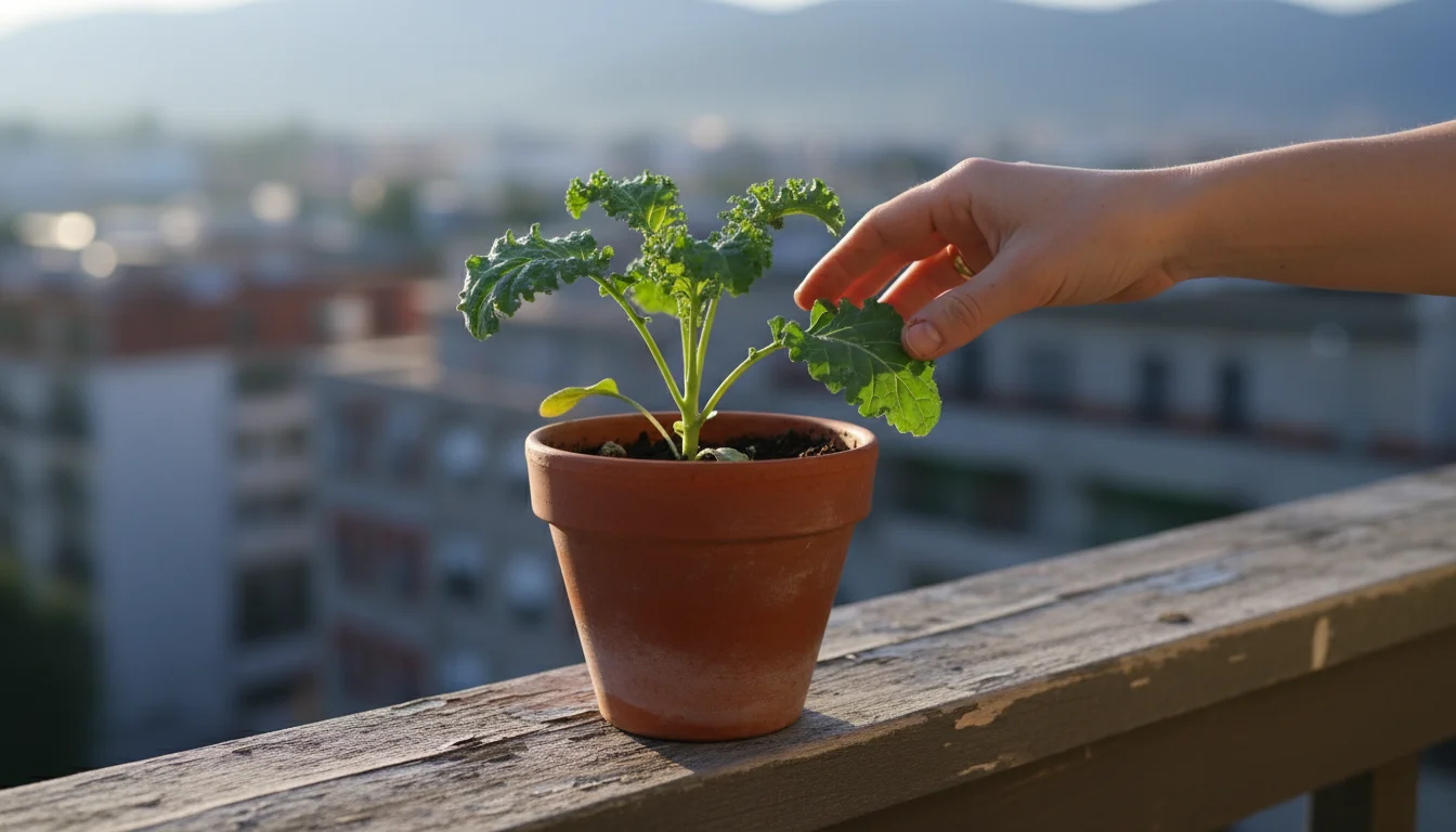 A young, vibrant kale plant, 9 inches tall with several healthy leaves, growing in a terracotta pot on a wooden balcony railing. A gardener's hand gen