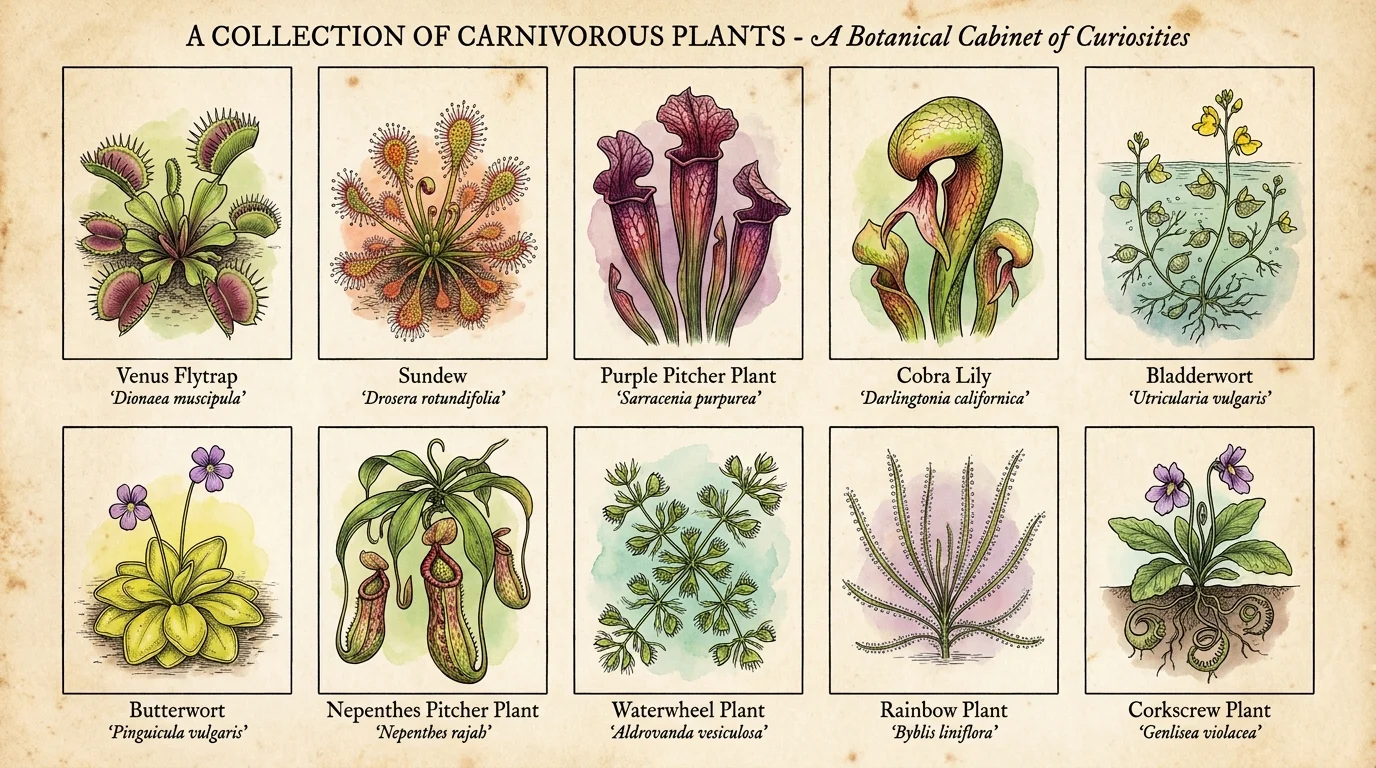 A botanical grid illustration featuring ten different types of carnivorous plants with scientific labels.