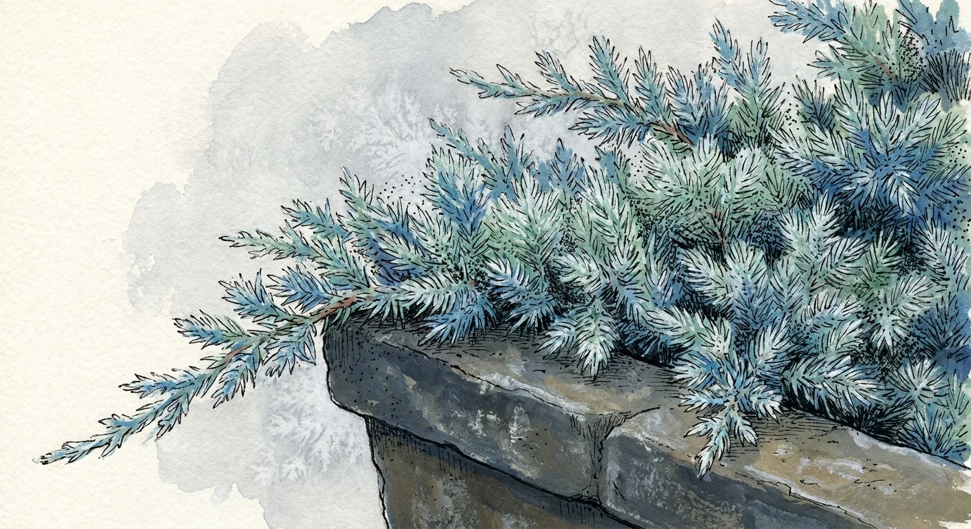 A botanical illustration of a Blue Star Juniper with silvery-blue needles in a stone planter.