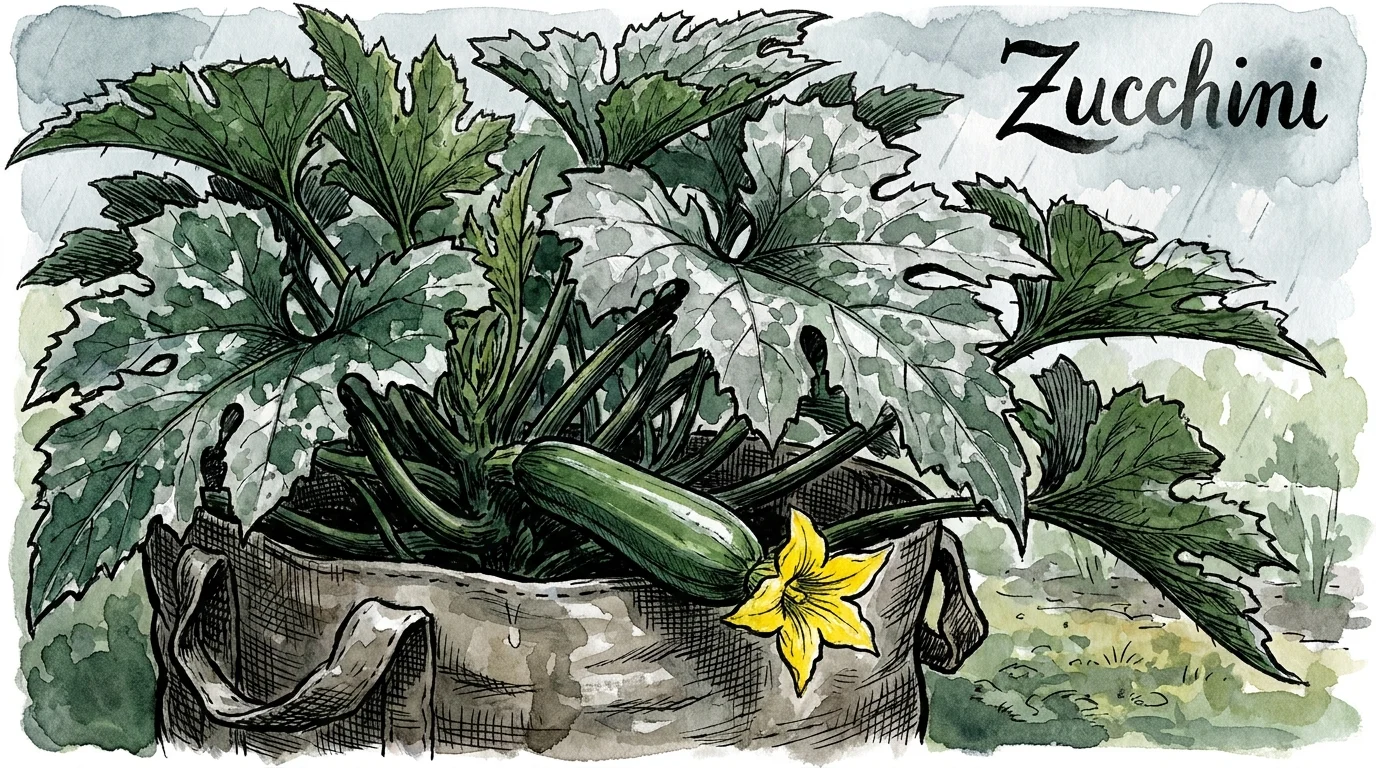 A botanical illustration of a zucchini plant with large silver-veined leaves and a yellow flower in a grow-bag.